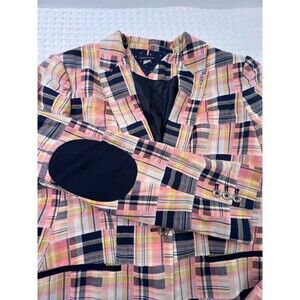 Tommy Hilfiger Madras Plaid Blazer Womens Sz 14 Collegiate Elbow Patches